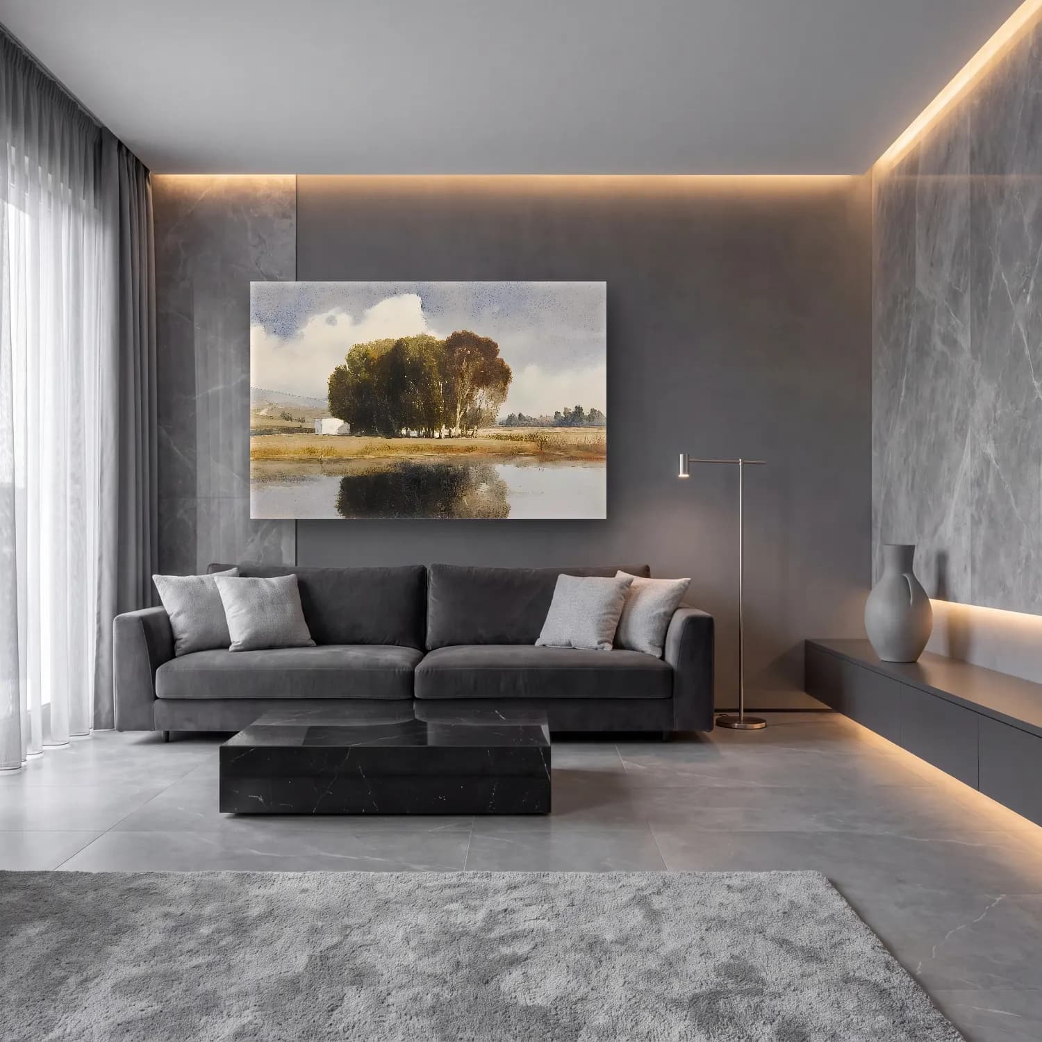 Suluboya Kırda Nehir No. 12 cam tablo — lüks salon duvarında