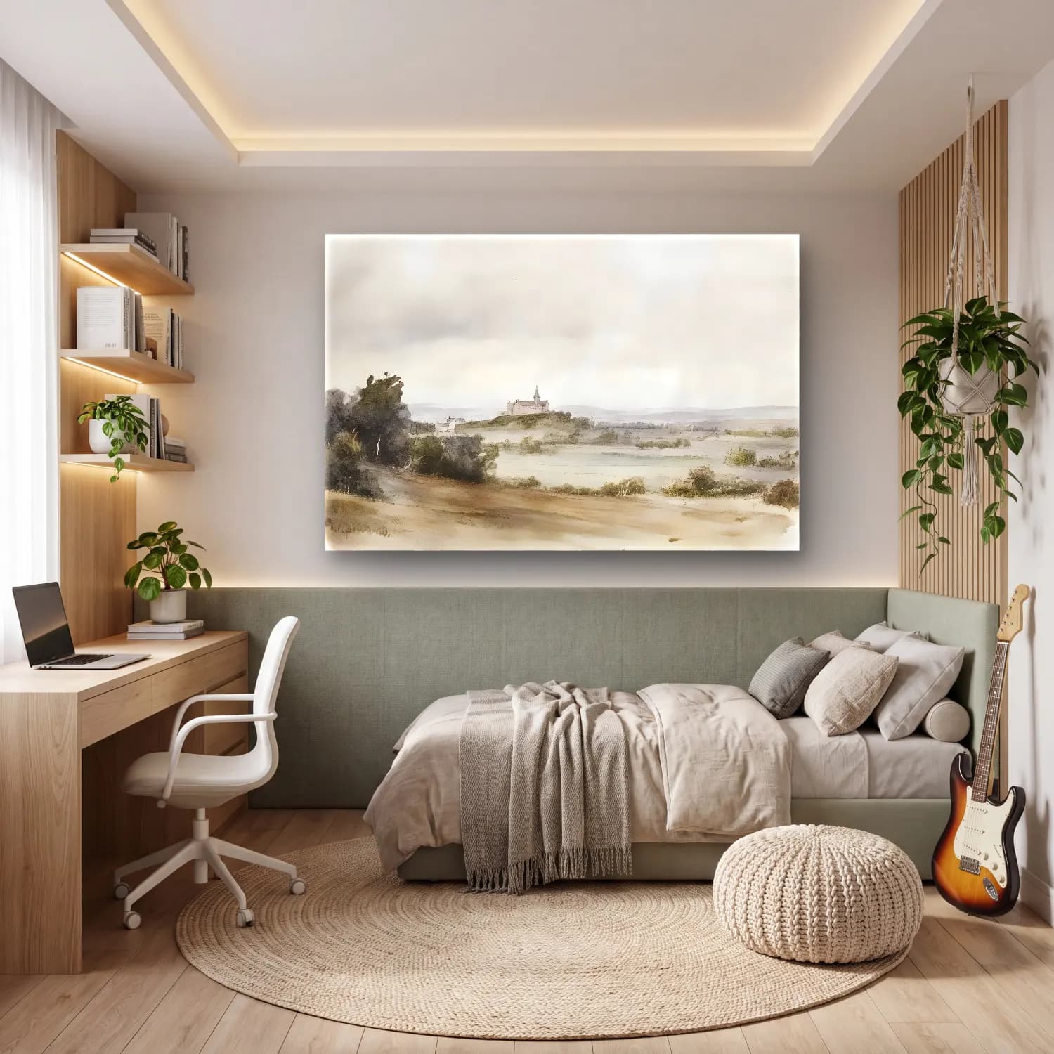 Suluboya Kır Evi No. 14 cam tablo — genç odasında
