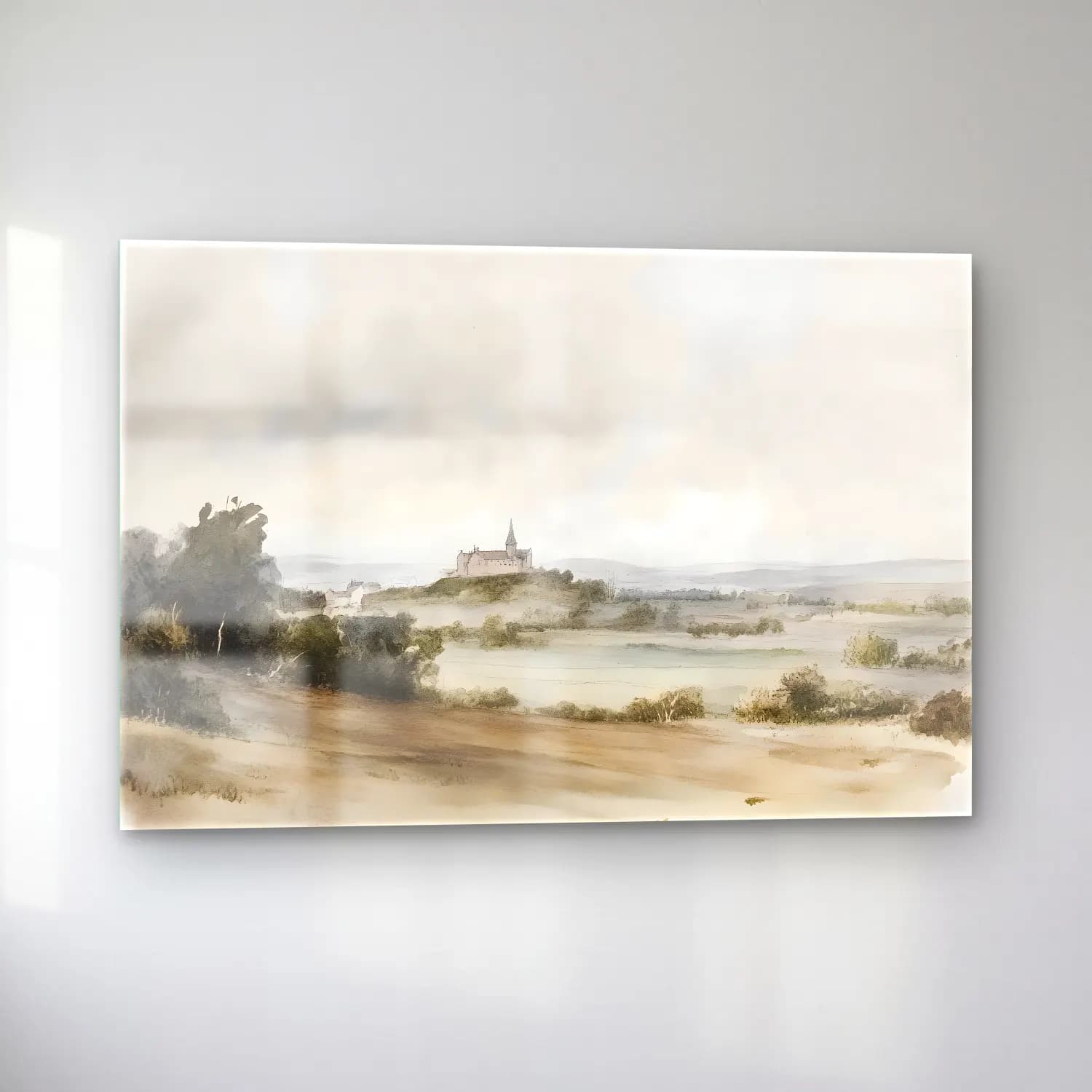 Suluboya Kır Evi No. 14 cam tablo — sol açıdan görünüm