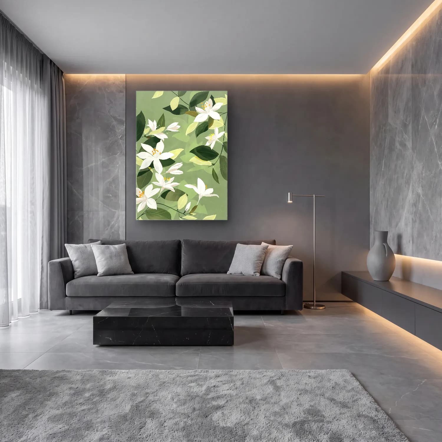 Botanik İllüstrasyon Çiçek Deseni No. 18 cam tablo — lüks salon duvarında