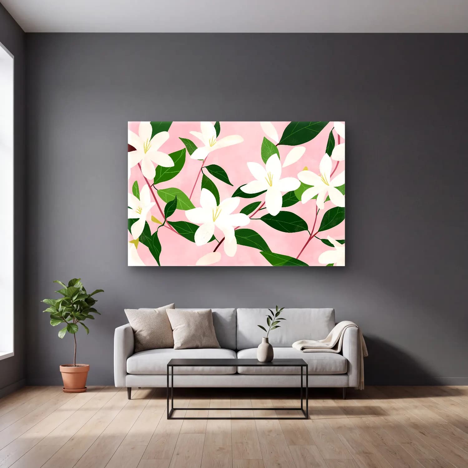 Pastel Zambaklar No. 4 cam tablo — gri duvarlı salonda
