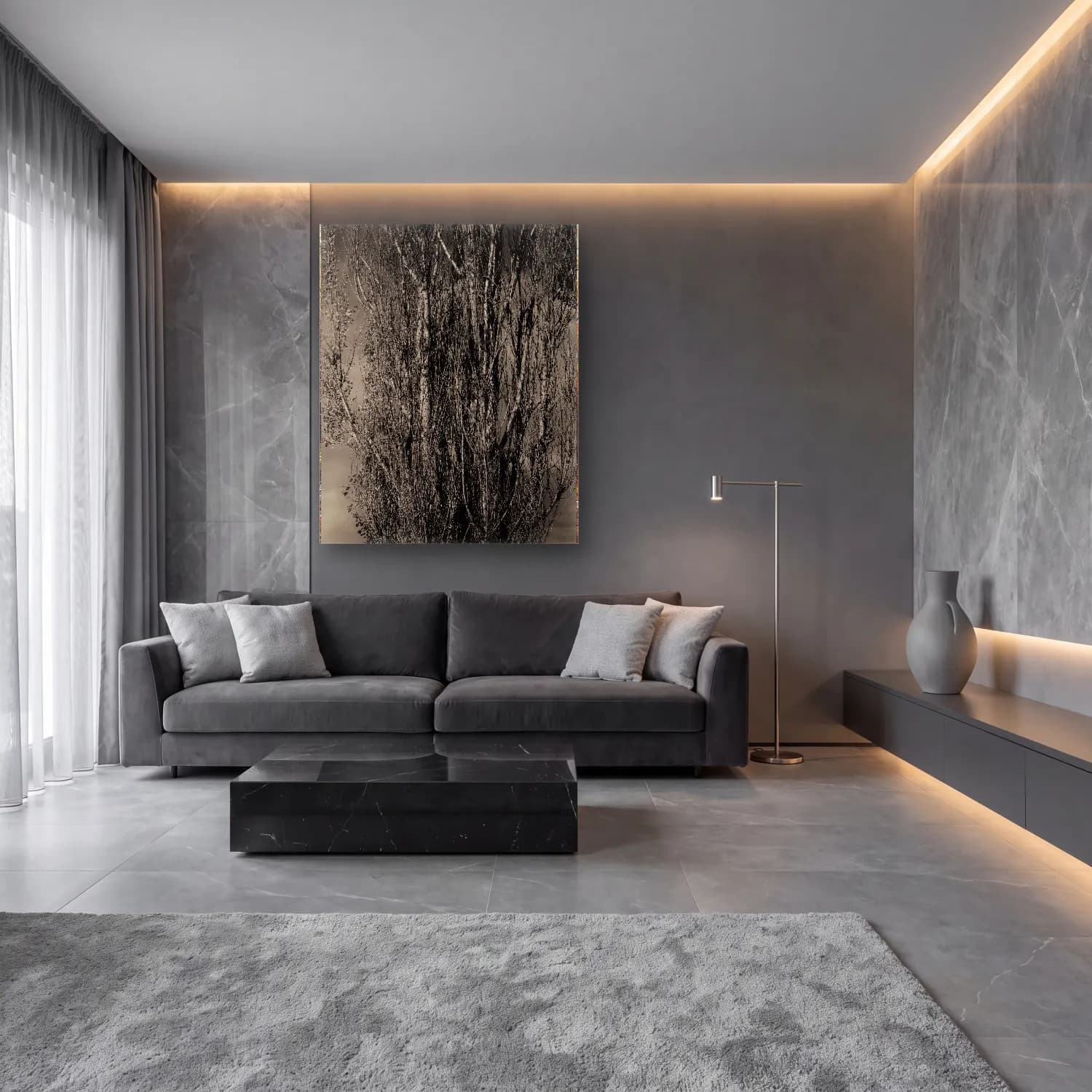 Siyah Beyaz Orman No. 3 cam tablo — lüks salon duvarında