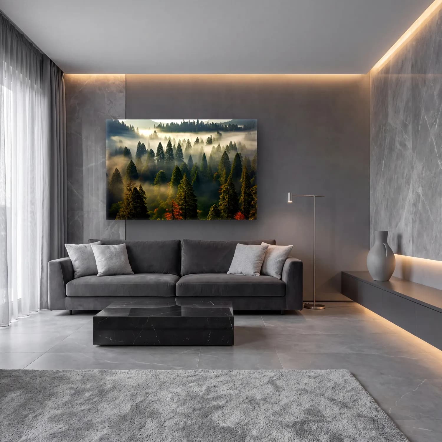 Pastel Sisli Orman cam tablo — lüks salon duvarında