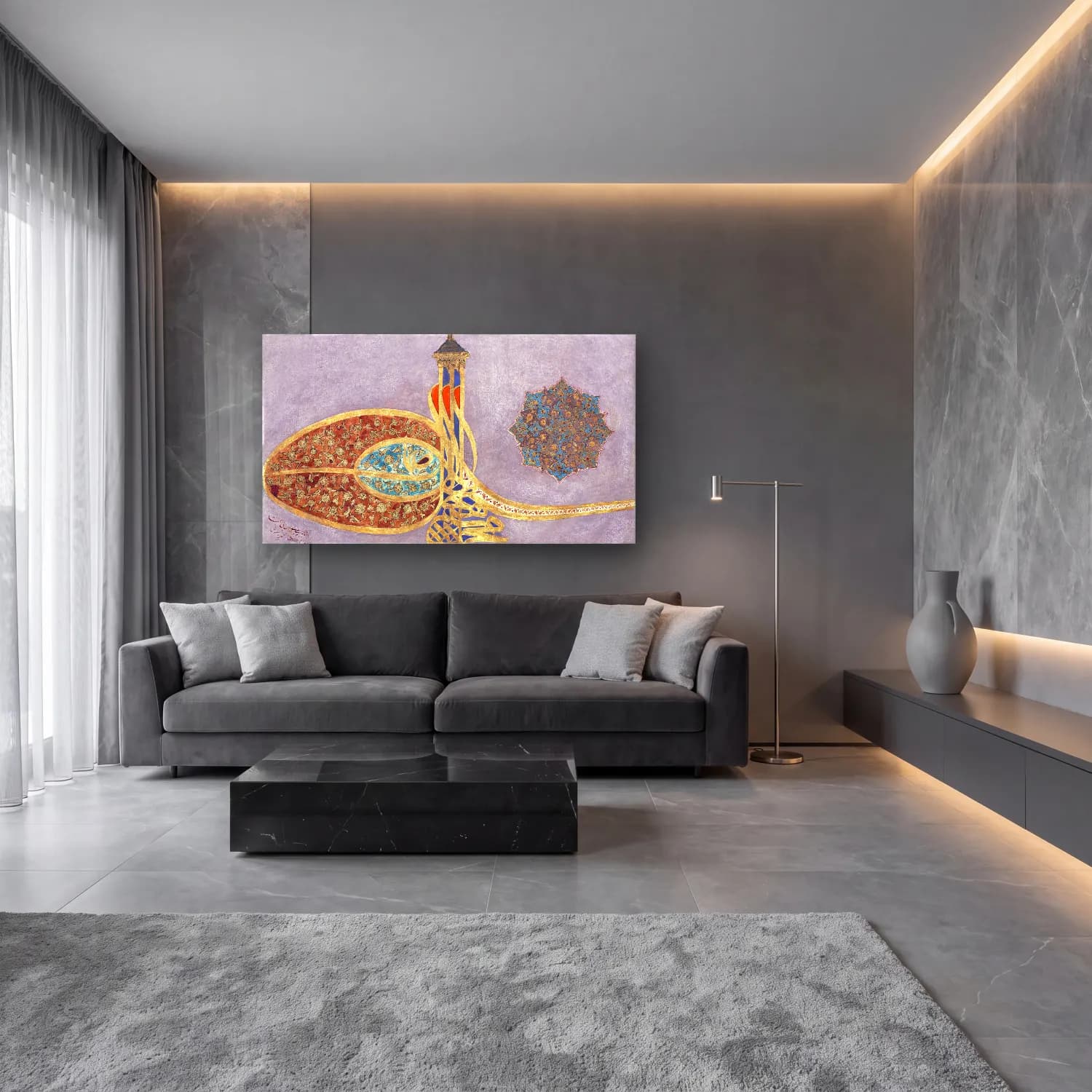 Modern Soyut İstanbul cam tablo — lüks salon duvarında