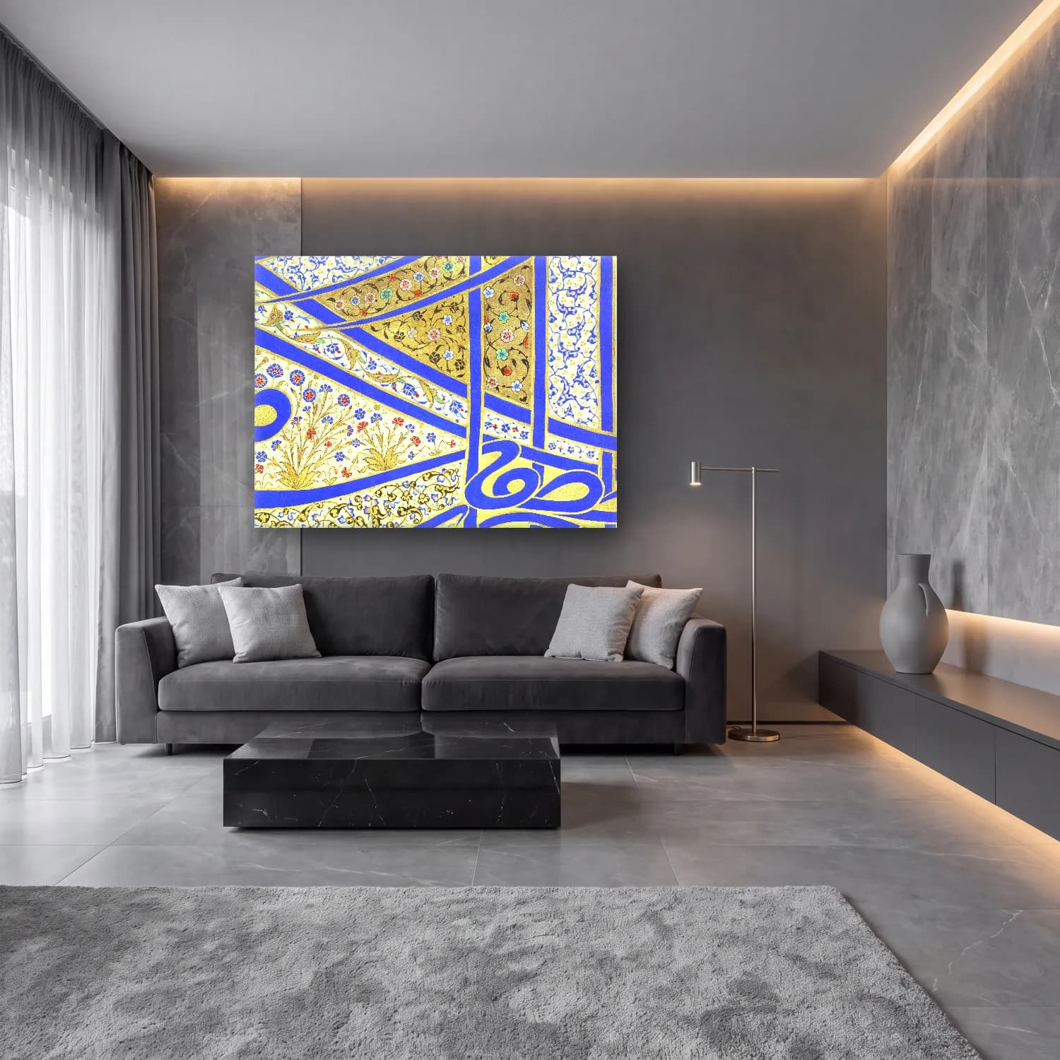 Maksimalist Çiçek Deseni No. 9 cam tablo — lüks salon duvarında