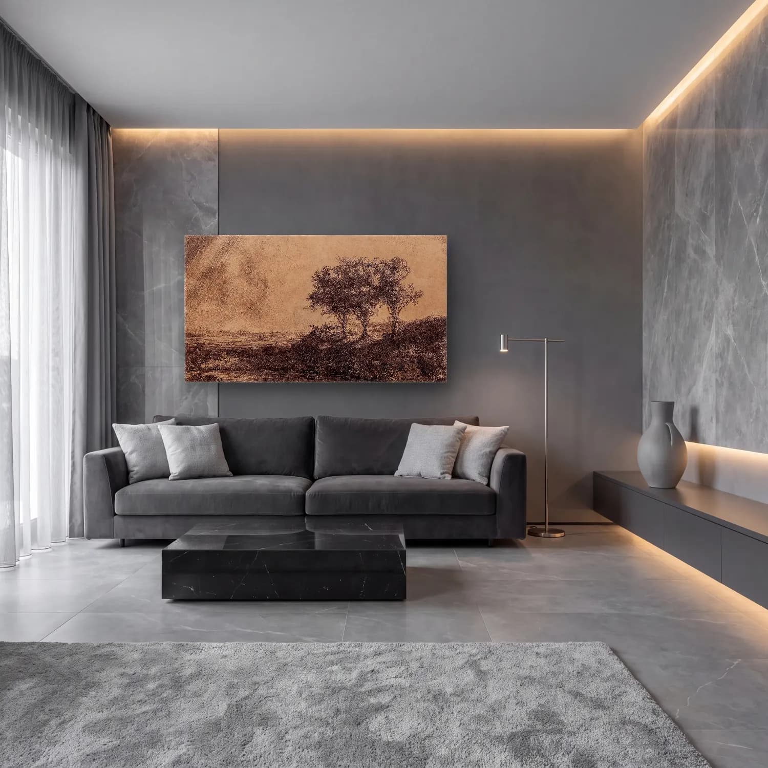 Siyah Beyaz Kırda Nehir No. 3 cam tablo — lüks salon duvarında