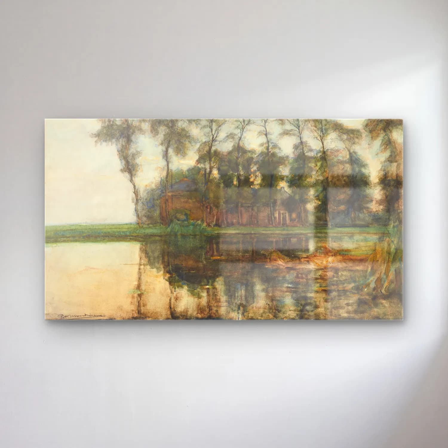 Piet Mondrian – Farmstead along the water screened by nine tall trees cam tablo — Piet Mondrian – Farmstead along the water screened by nine tall trees — suluboya kırda nehir