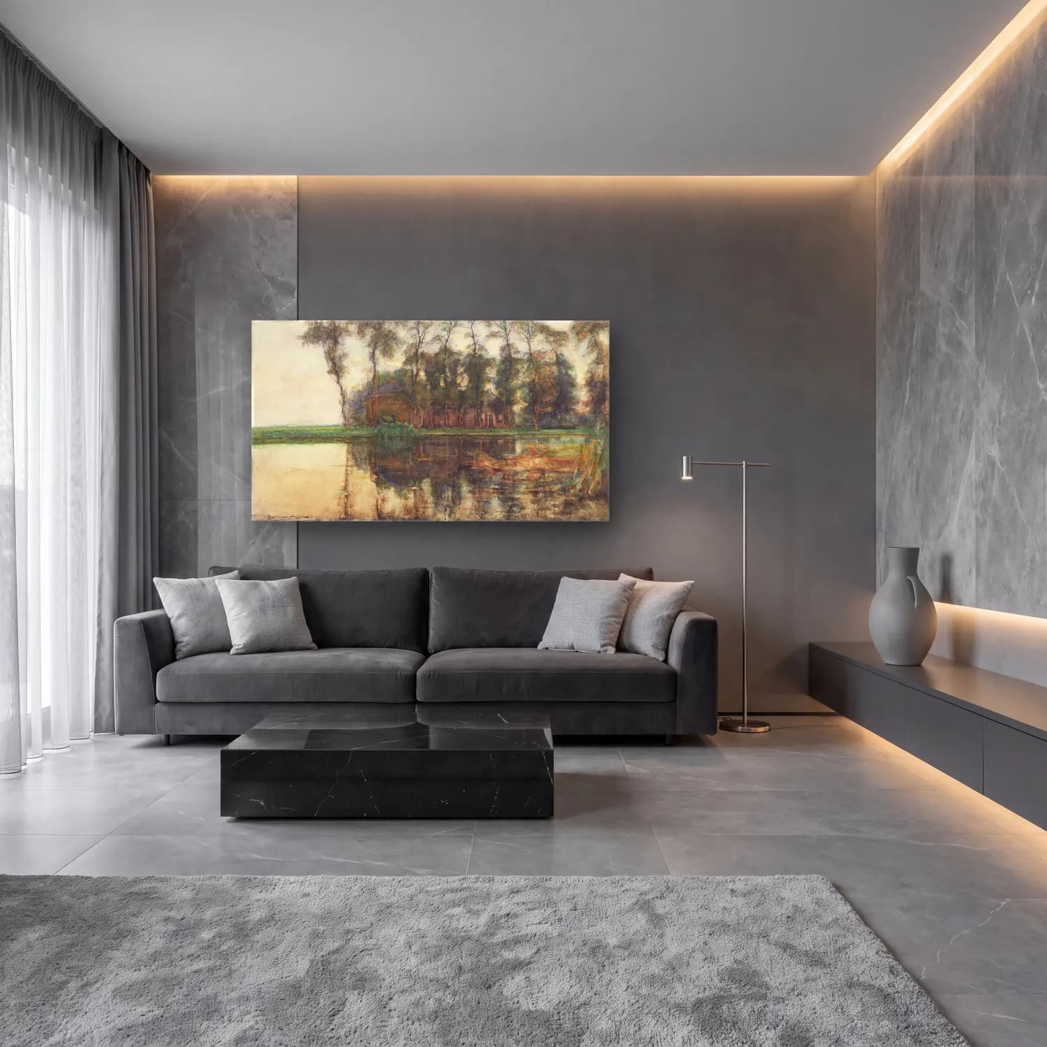 Piet Mondrian – Farmstead along the water screened by nine tall trees cam tablo — lüks salon duvarında
