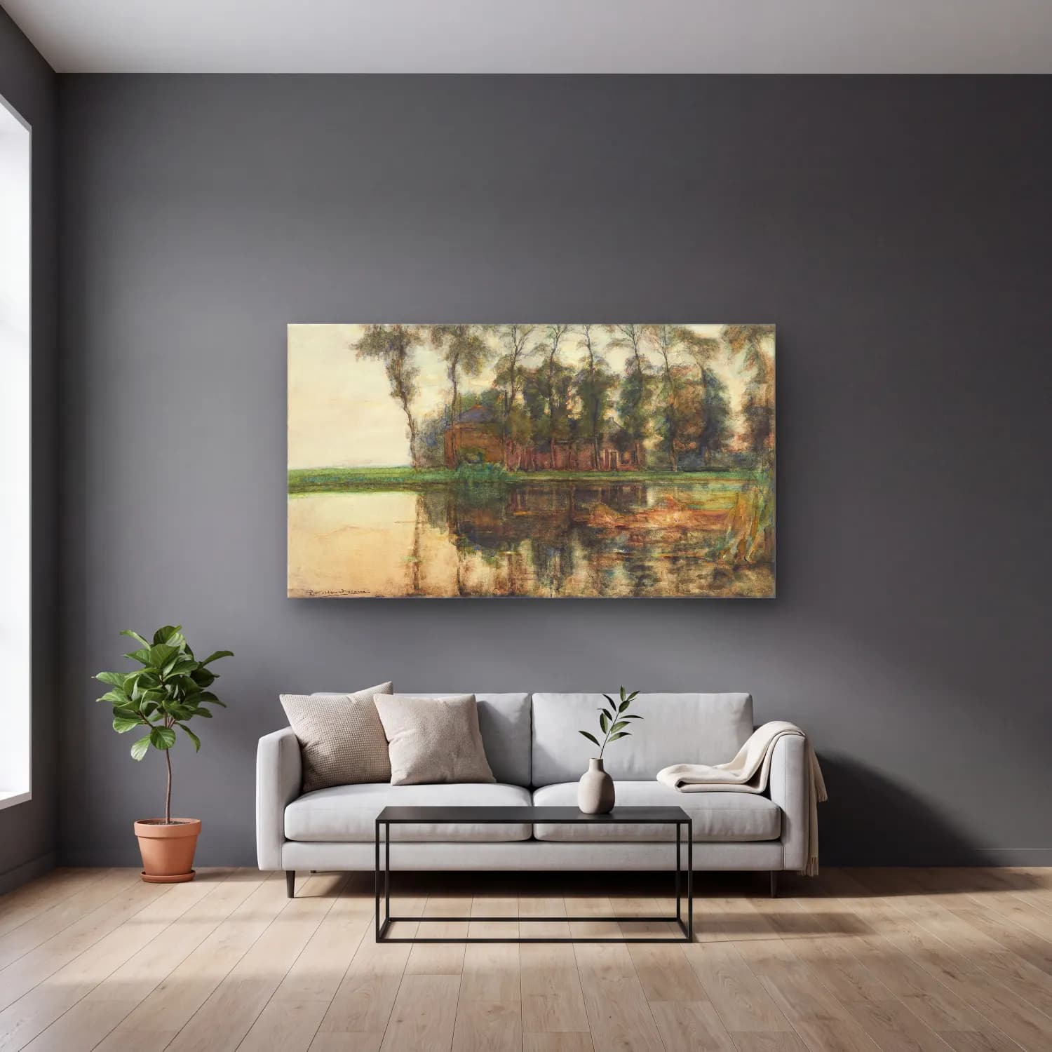 Piet Mondrian – Farmstead along the water screened by nine tall trees cam tablo — gri duvarlı salonda