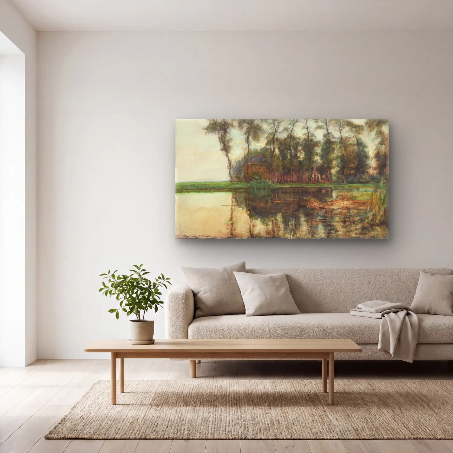 Piet Mondrian – Farmstead along the water screened by nine tall trees cam tablo — açık renk salonda