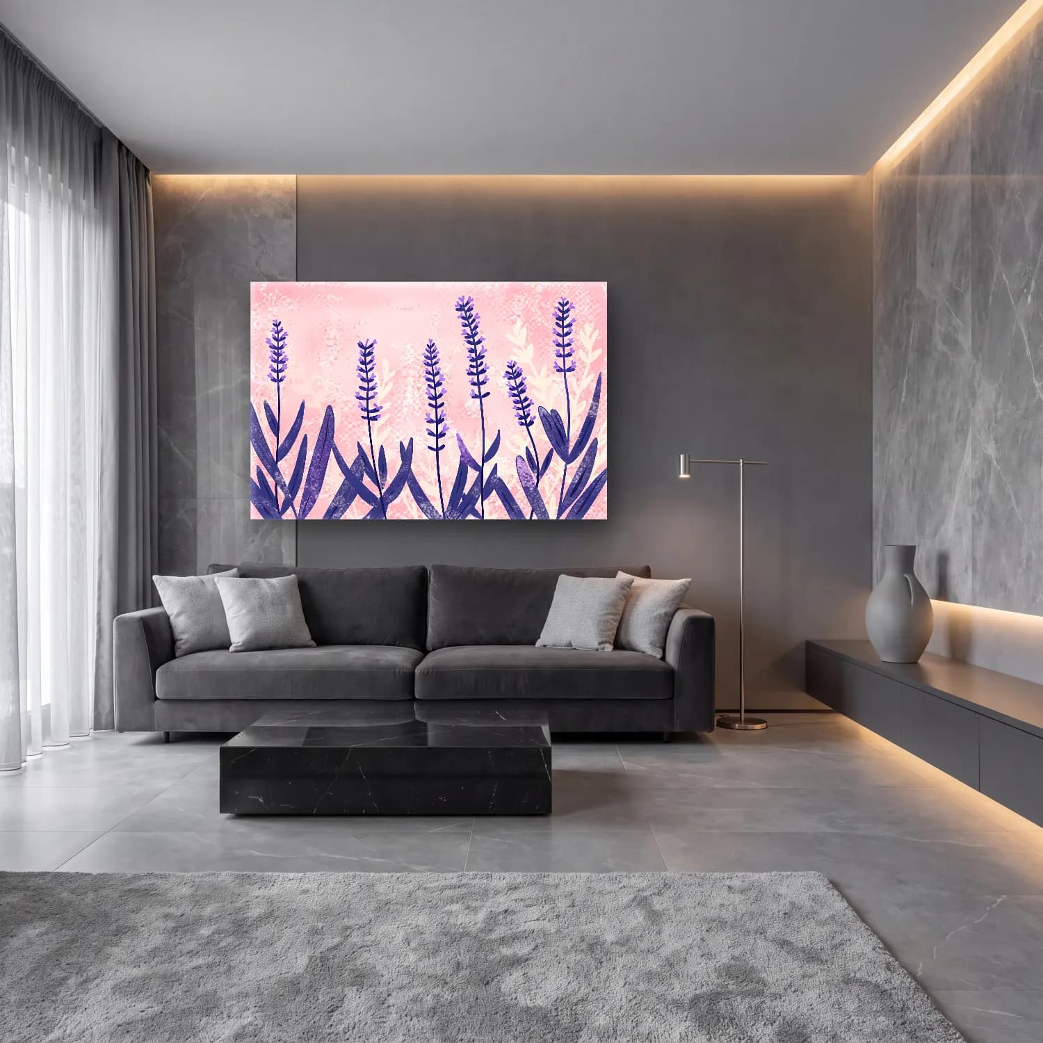 Pastel Lavanta Tarlası – Mor Tonlar cam tablo — lüks salon duvarında