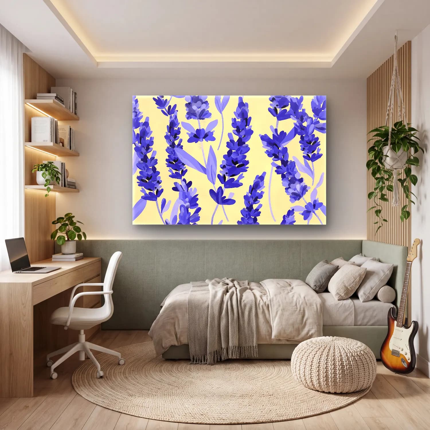 Pastel Lavanta Tarlası – Mavi Tonlar cam tablo — genç odasında