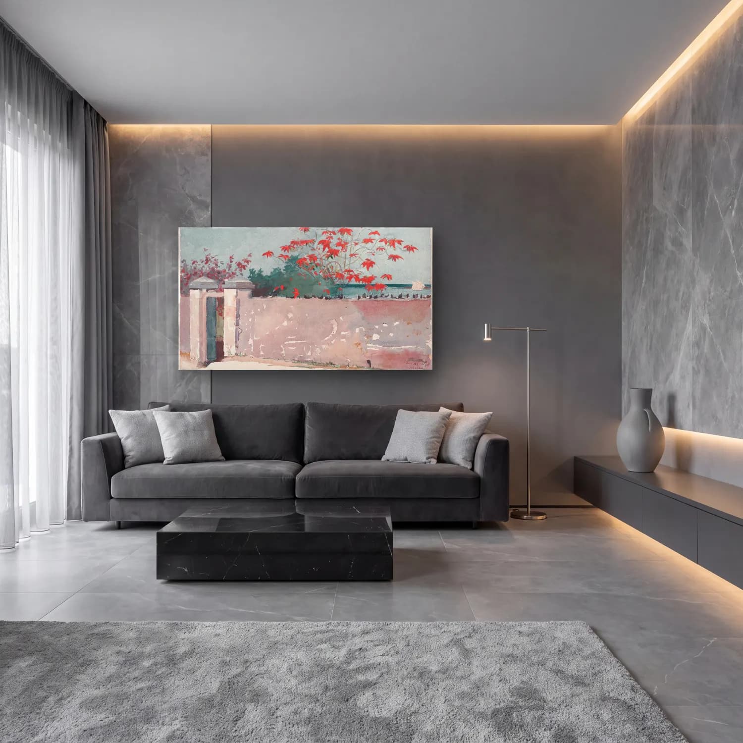 Suluboya Çiçek Bahçesi No. 10 cam tablo — lüks salon duvarında