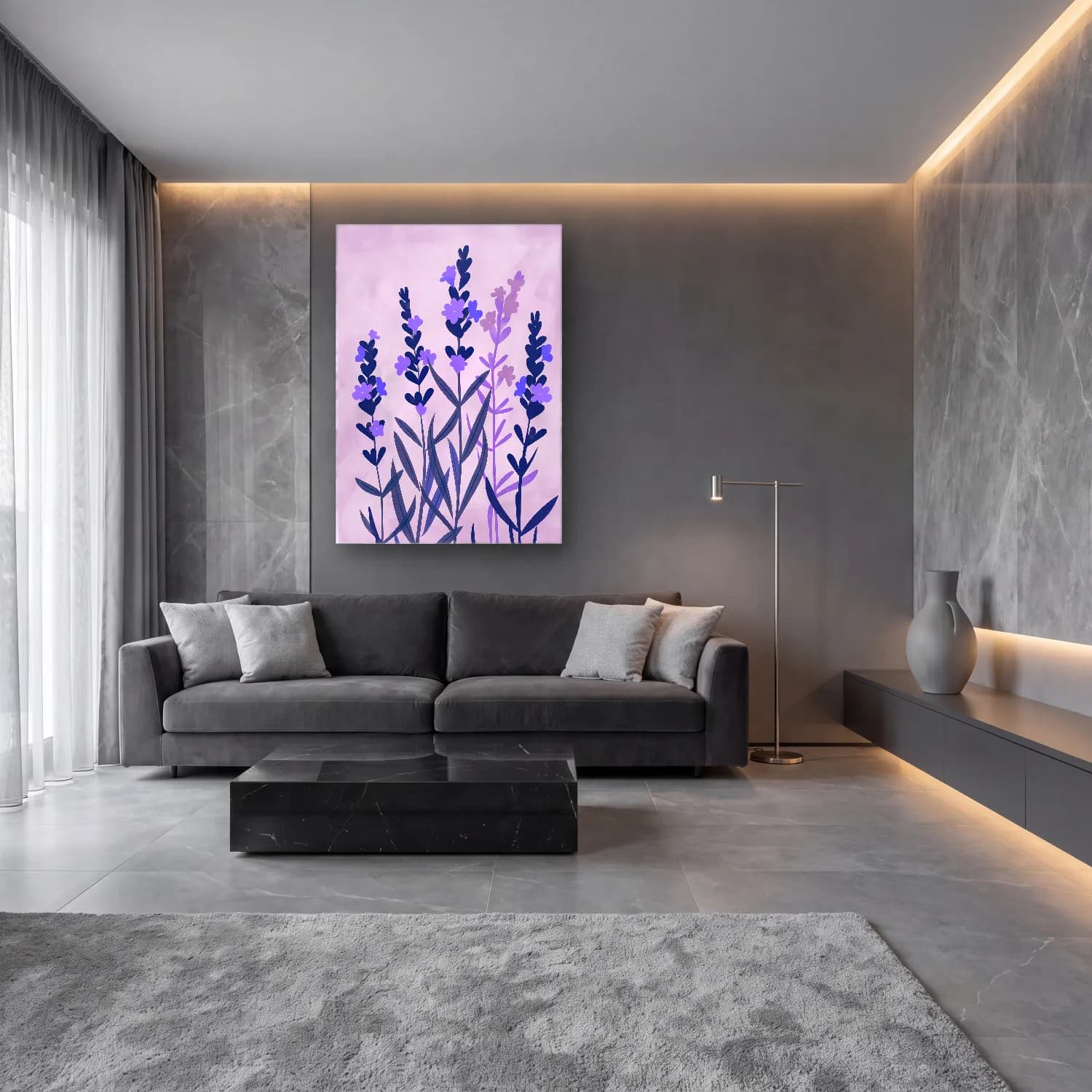 Pastel Lavanta Tarlası No. 5 cam tablo — lüks salon duvarında