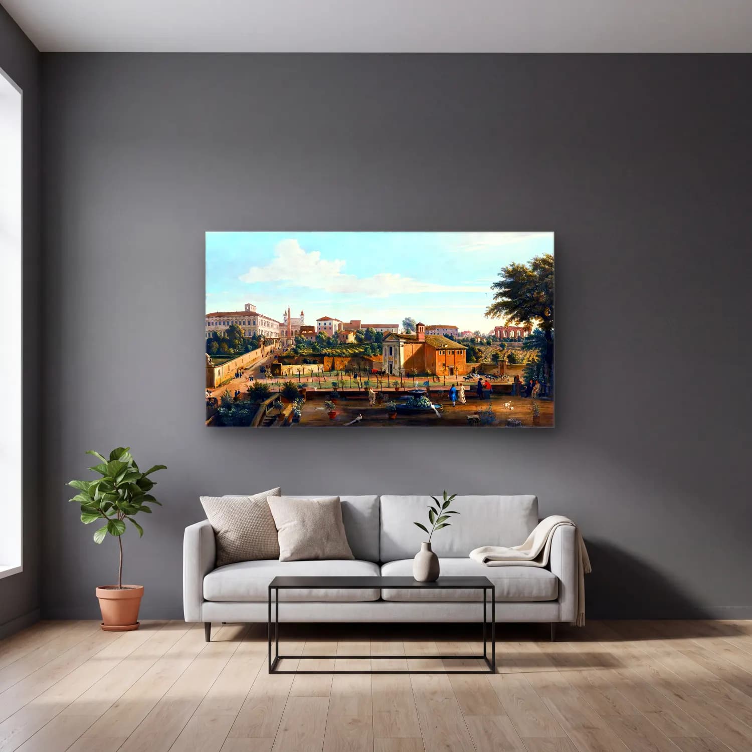 Caspar Andriaans van Wittel – View of Rome cam tablo — gri duvarlı salonda