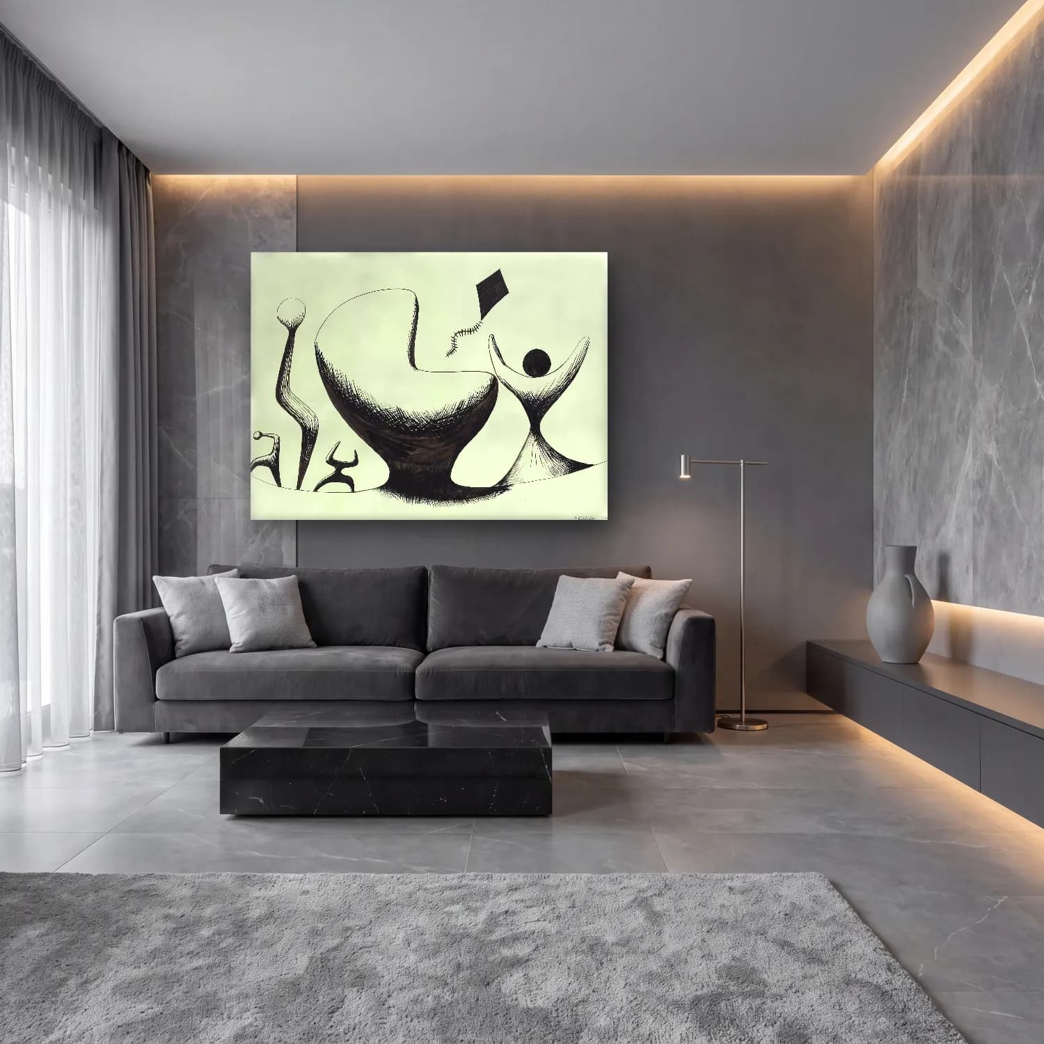 Siyah Beyaz Seramik Vazolar No. 3 cam tablo — lüks salon duvarında