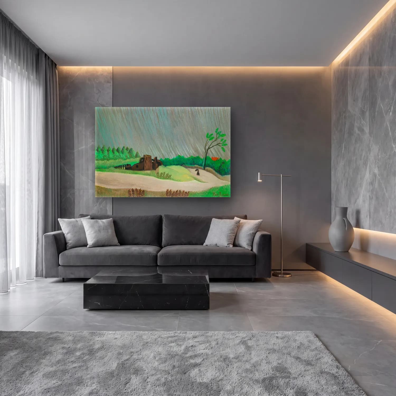 Yağlı Boya Kır Evi No. 49 cam tablo — lüks salon duvarında