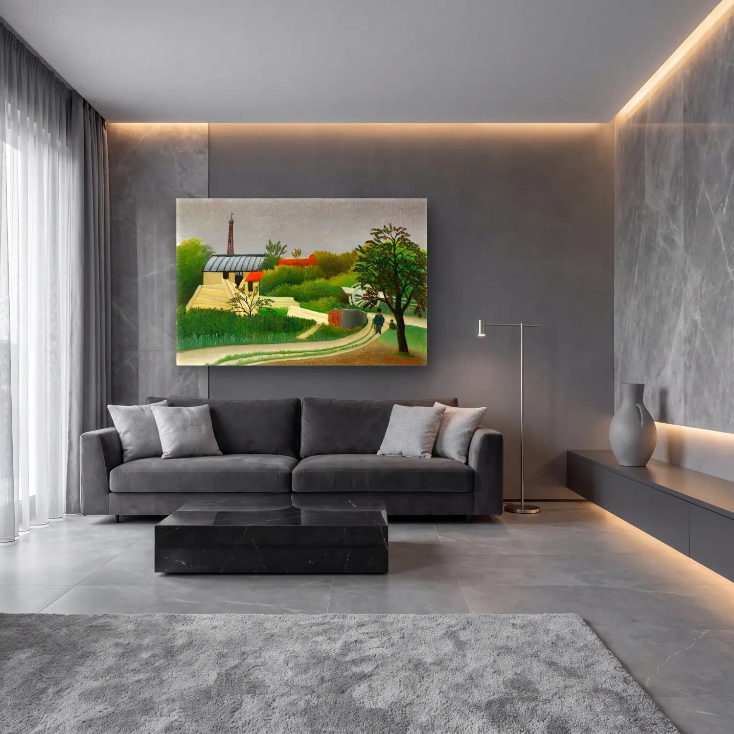 Yağlı Boya Kır Evi No. 51 cam tablo — lüks salon duvarında