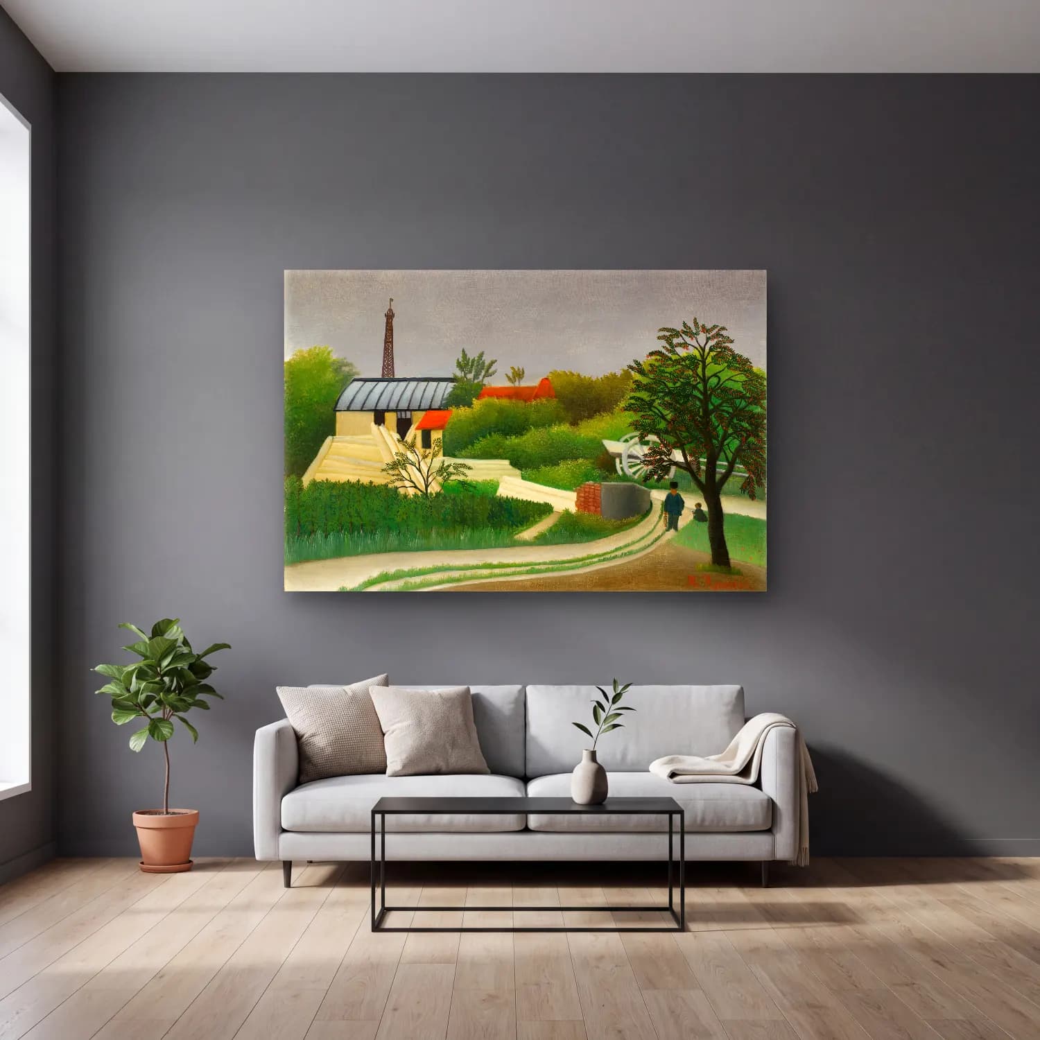 Yağlı Boya Kır Evi No. 51 cam tablo — gri duvarlı salonda