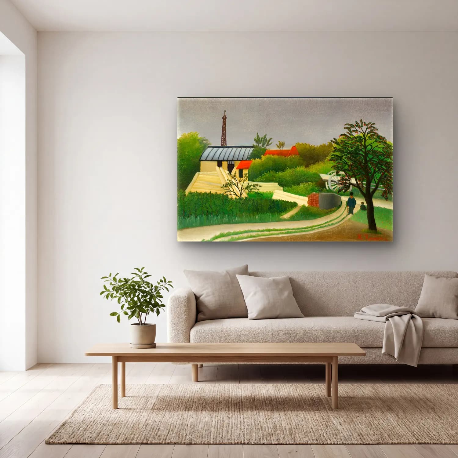 Yağlı Boya Kır Evi No. 51 cam tablo — açık renk salonda