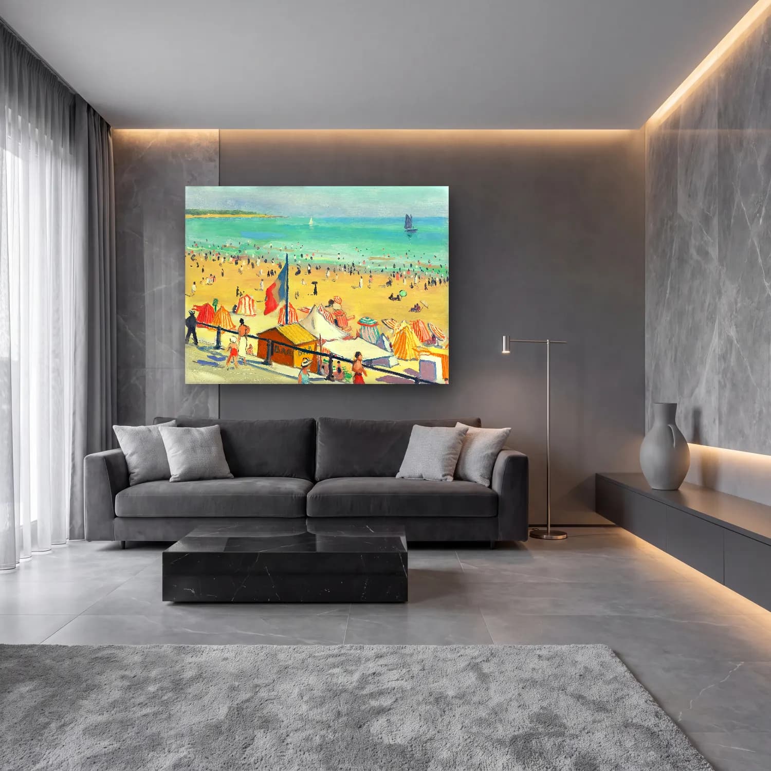 Yağlı Boya Plaj Şemsiyeleri – Pastel Tonlar cam tablo — lüks salon duvarında