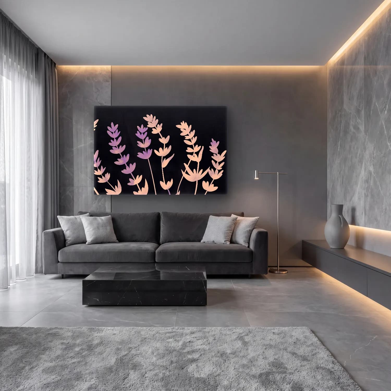 Pastel Lavanta Tarlası No. 6 cam tablo — lüks salon duvarında