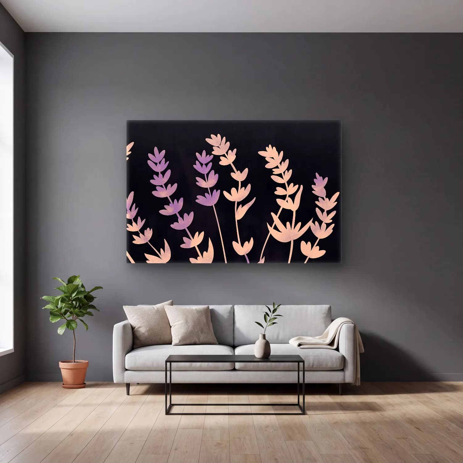 Pastel Lavanta Tarlası No. 6 cam tablo — gri duvarlı salonda