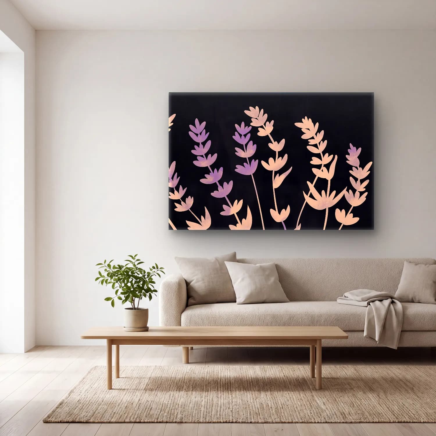 Pastel Lavanta Tarlası No. 6 cam tablo — açık renk salonda
