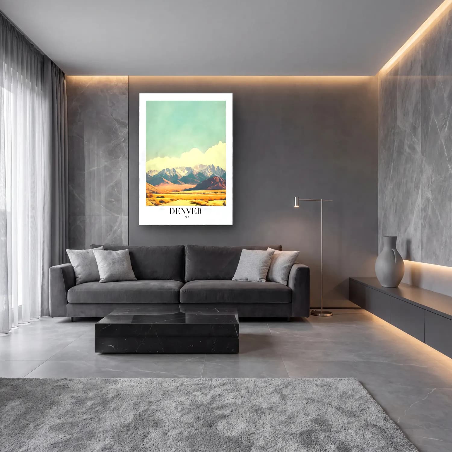 Pastel Dağ Manzarası No. 16 cam tablo — lüks salon duvarında