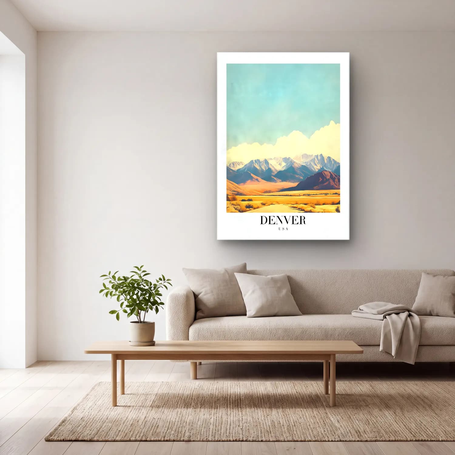 Pastel Dağ Manzarası No. 16 cam tablo — açık renk salonda