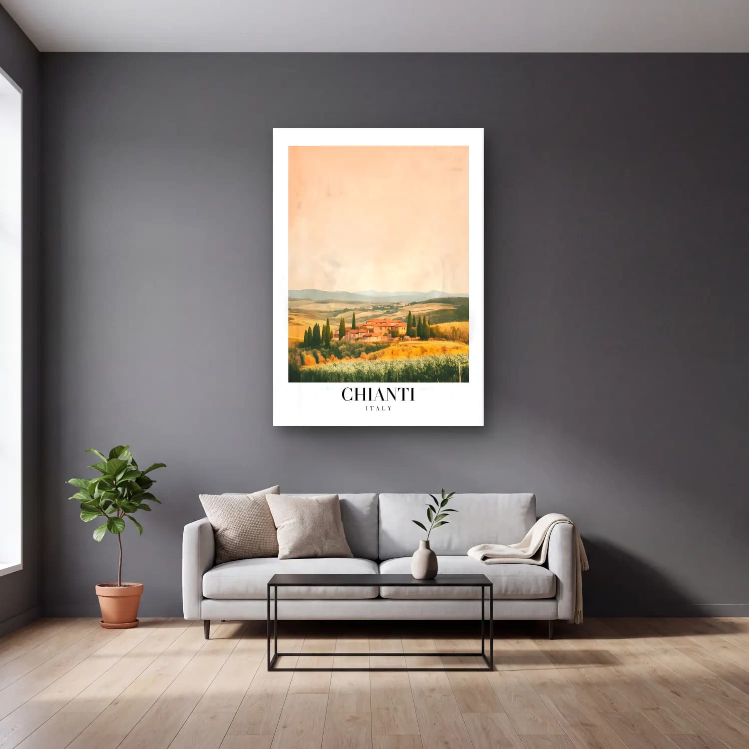 Pastel Kır Evi – Pembe Tonlar cam tablo — gri duvarlı salonda