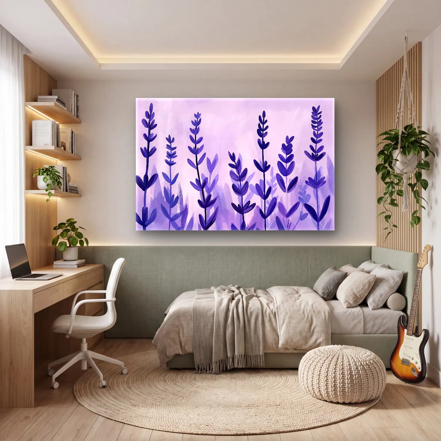 Suluboya Lavanta Tarlası – Mor Tonlar cam tablo — genç odasında