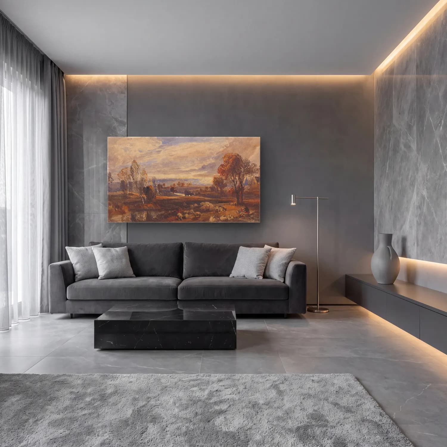 Yağlı Boya Kırda Nehir No. 100 cam tablo — lüks salon duvarında