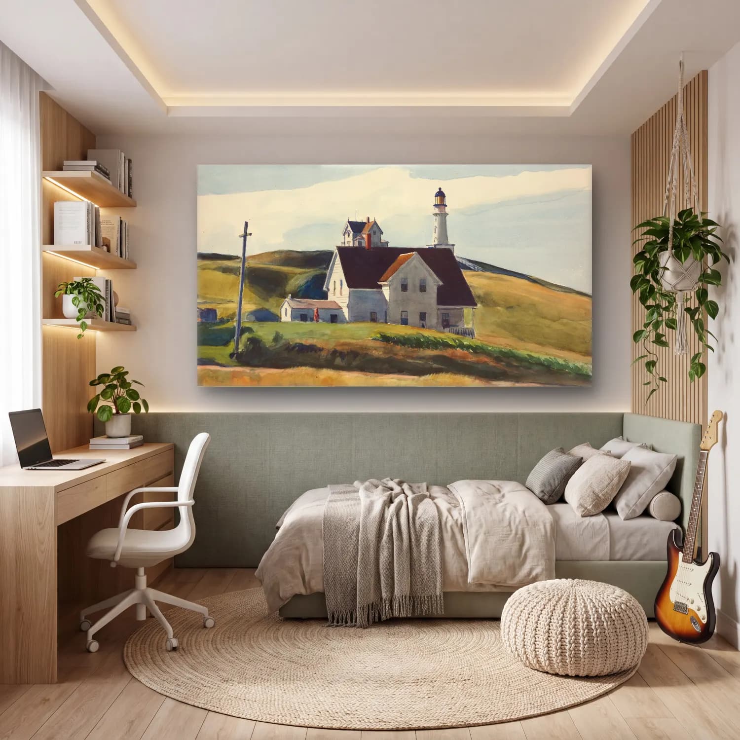 Suluboya Deniz Feneri – Yeşil Tonlar cam tablo — genç odasında