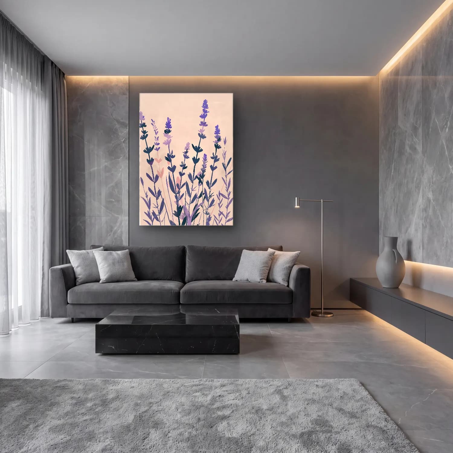 Botanik İllüstrasyon Lavanta Tarlası No. 4 cam tablo — lüks salon duvarında