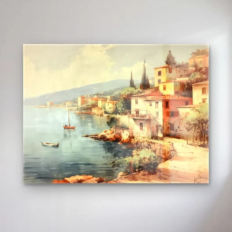 Suluboya Akdeniz Sahil Kasabası No. 19 cam tablo — Suluboya Akdeniz Sahil Kasabası No. 19 — suluboya akdeniz sahil kasabası
