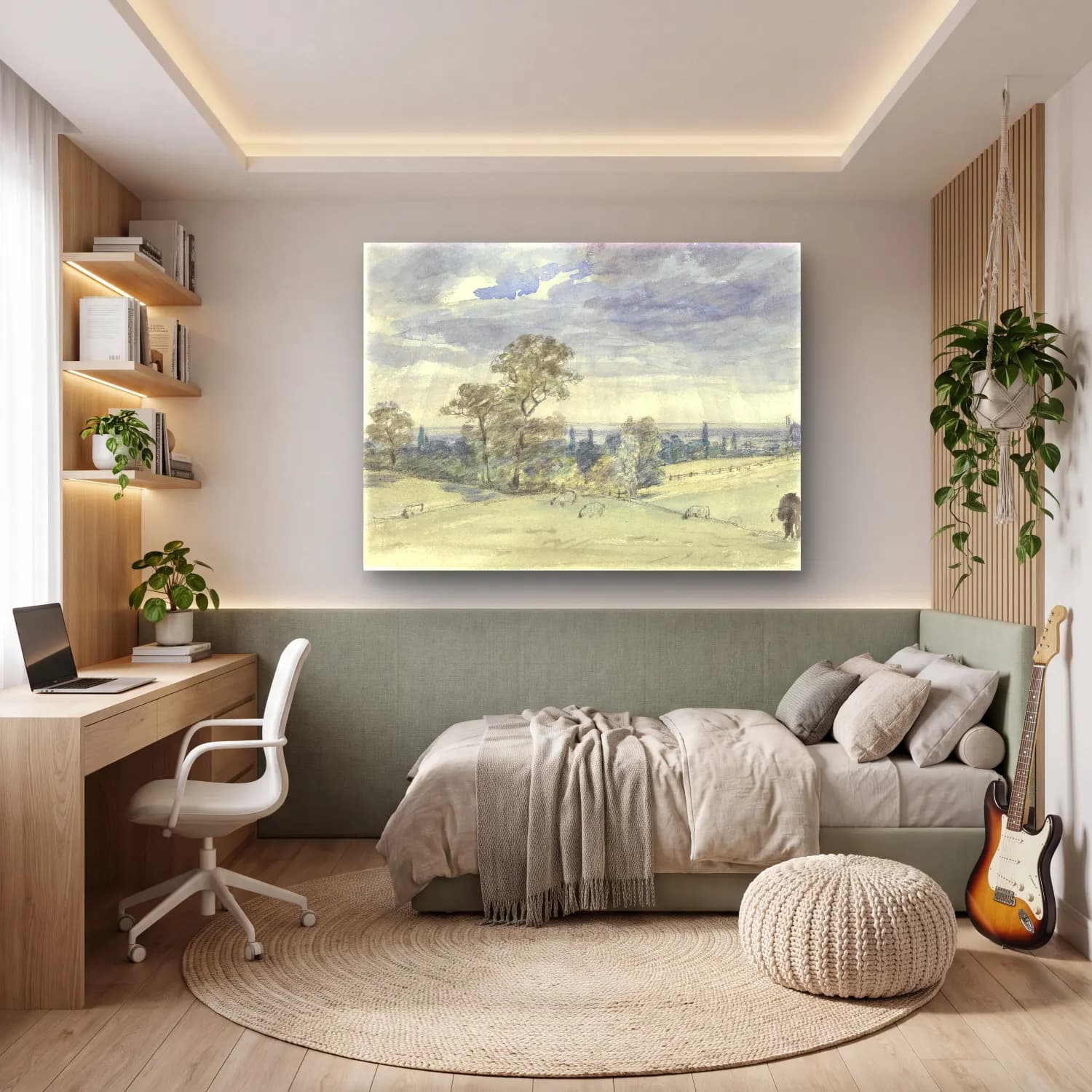 Suluboya Kır Evi No. 30 cam tablo — genç odasında