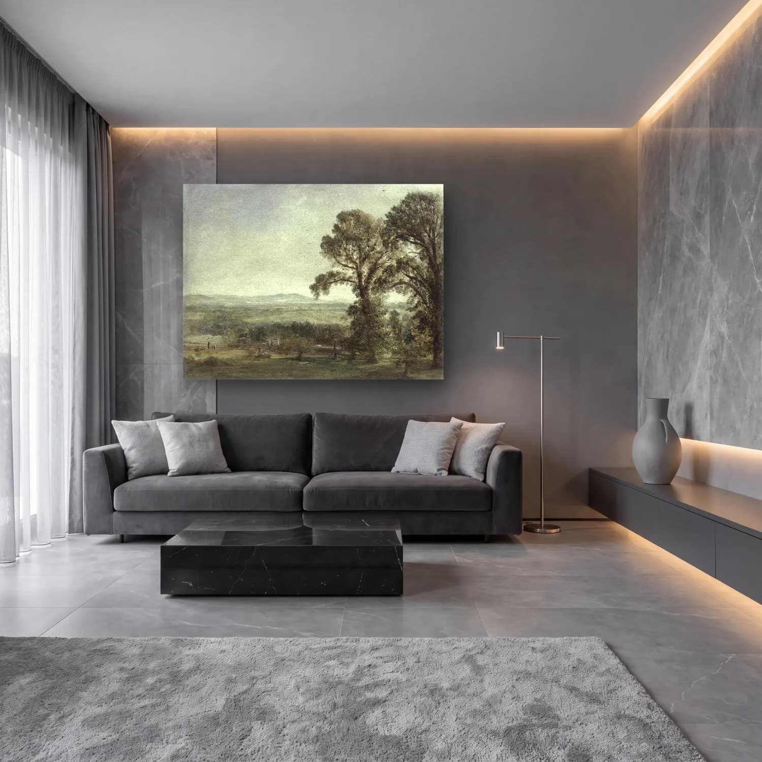 Yağlı Boya Kır Evi No. 70 cam tablo — lüks salon duvarında