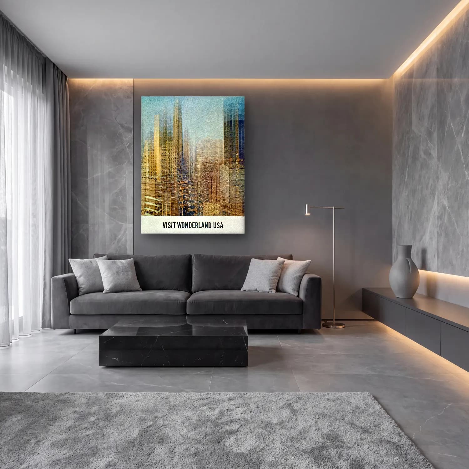 Modern Soyut New York Silüeti – Bej Tonlar cam tablo — lüks salon duvarında