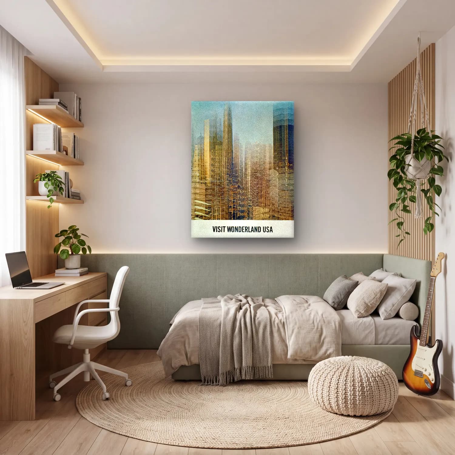Modern Soyut New York Silüeti – Bej Tonlar cam tablo — genç odasında
