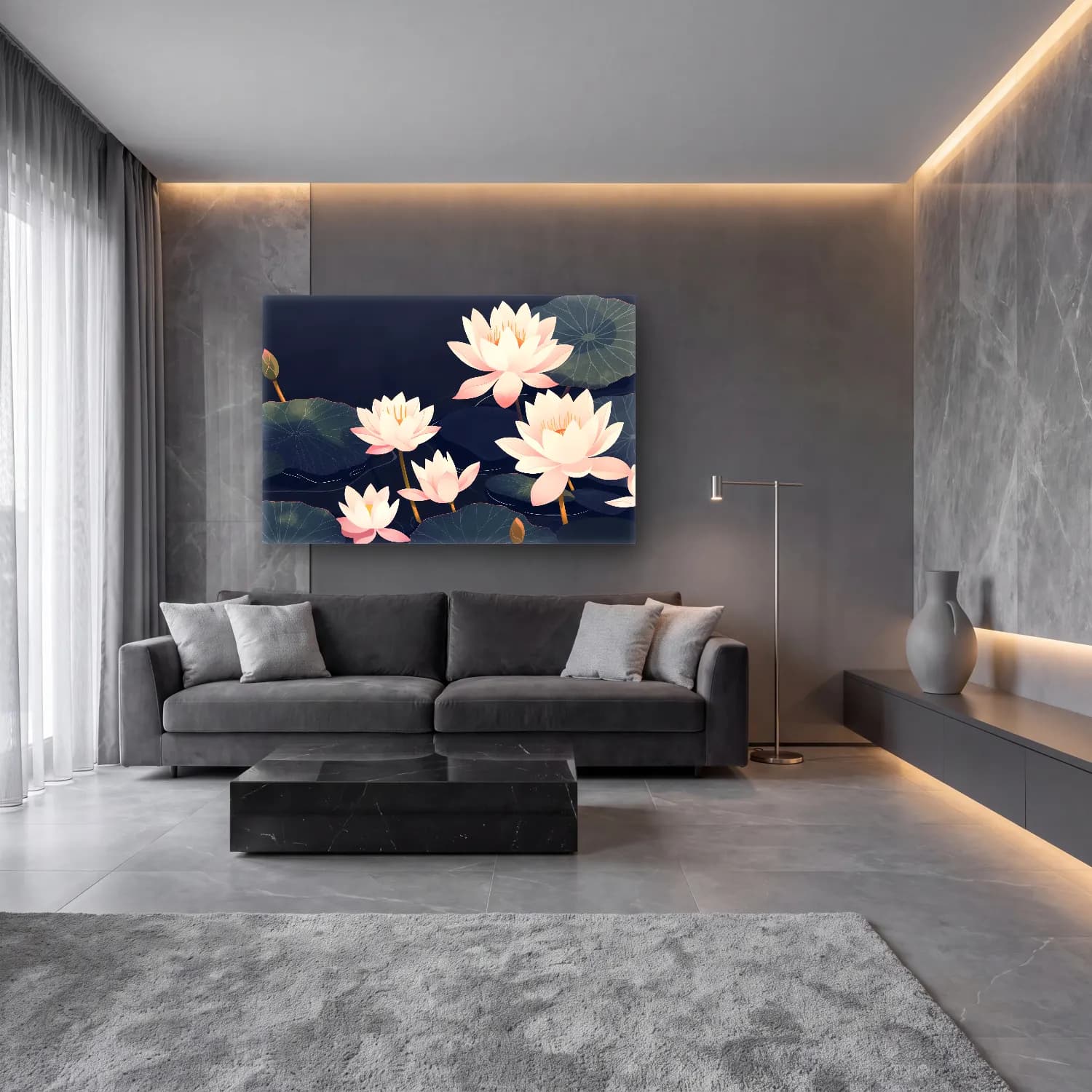 Pastel Lotus Çiçekleri – Pembe Tonlar cam tablo — lüks salon duvarında