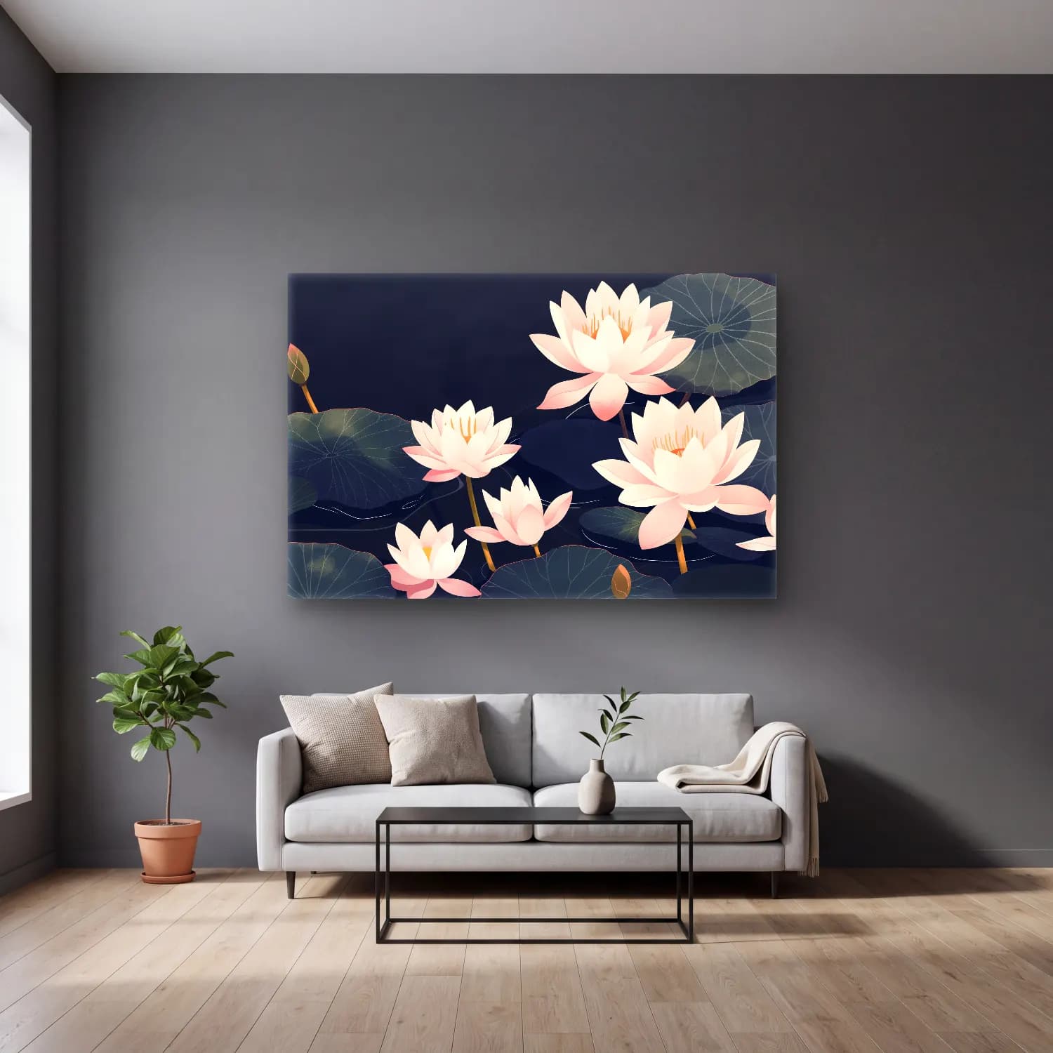 Pastel Lotus Çiçekleri – Pembe Tonlar cam tablo — gri duvarlı salonda
