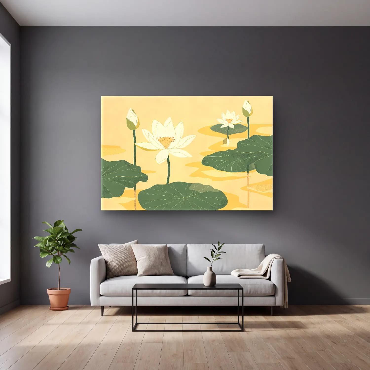 Vintage Lotus Çiçekleri cam tablo — gri duvarlı salonda
