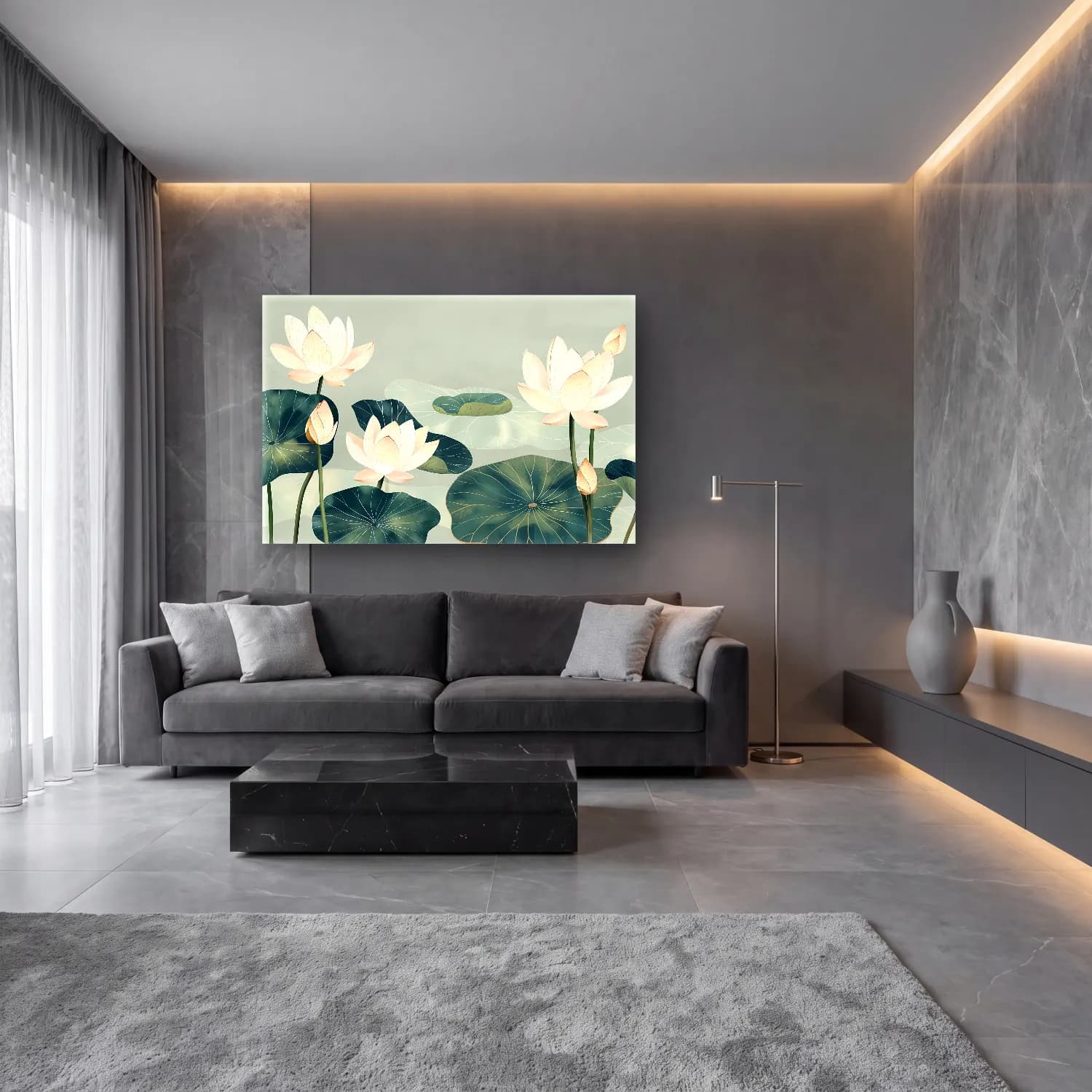 Pastel Lotus Çiçekleri – Turkuaz Tonlar cam tablo — lüks salon duvarında