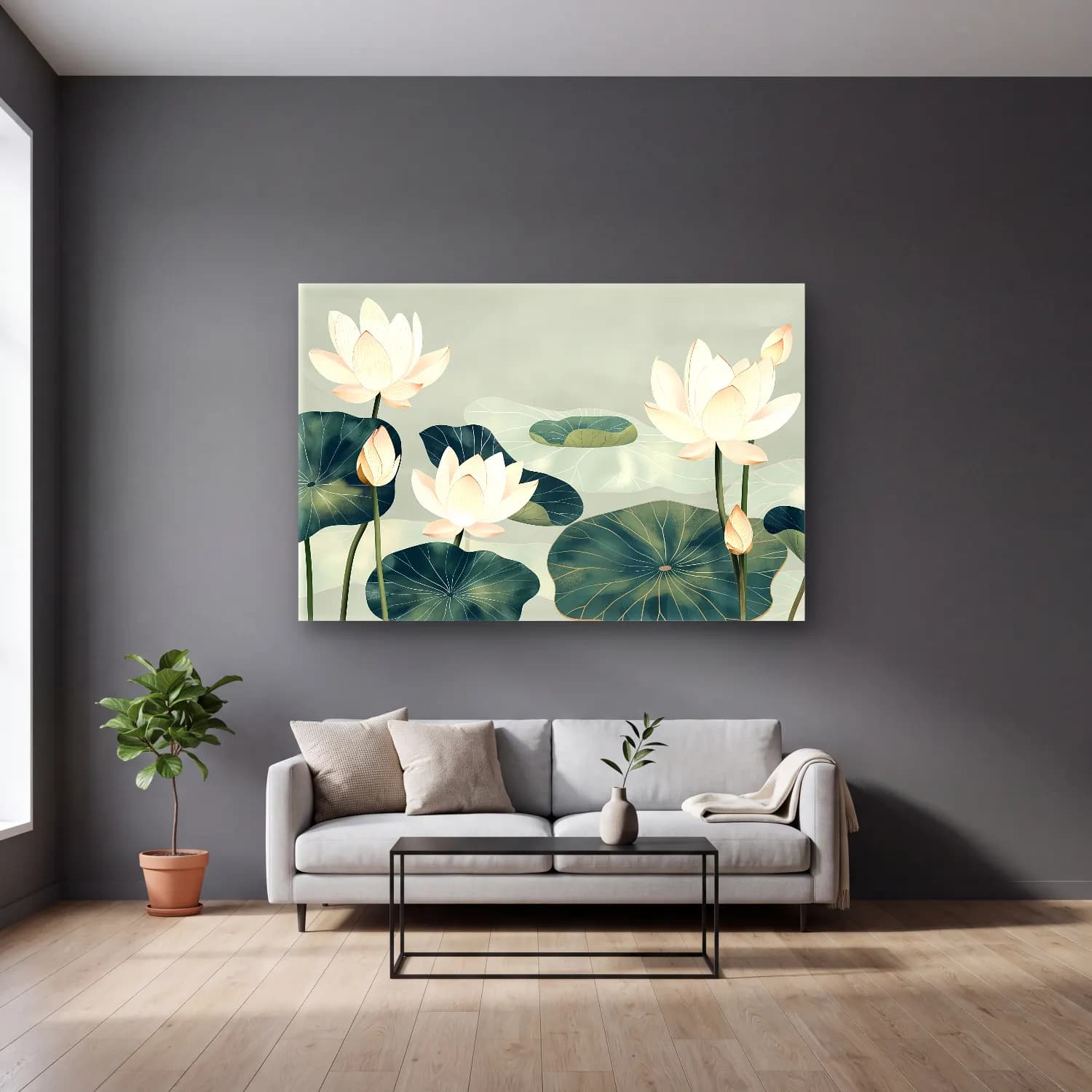 Pastel Lotus Çiçekleri – Turkuaz Tonlar cam tablo — gri duvarlı salonda