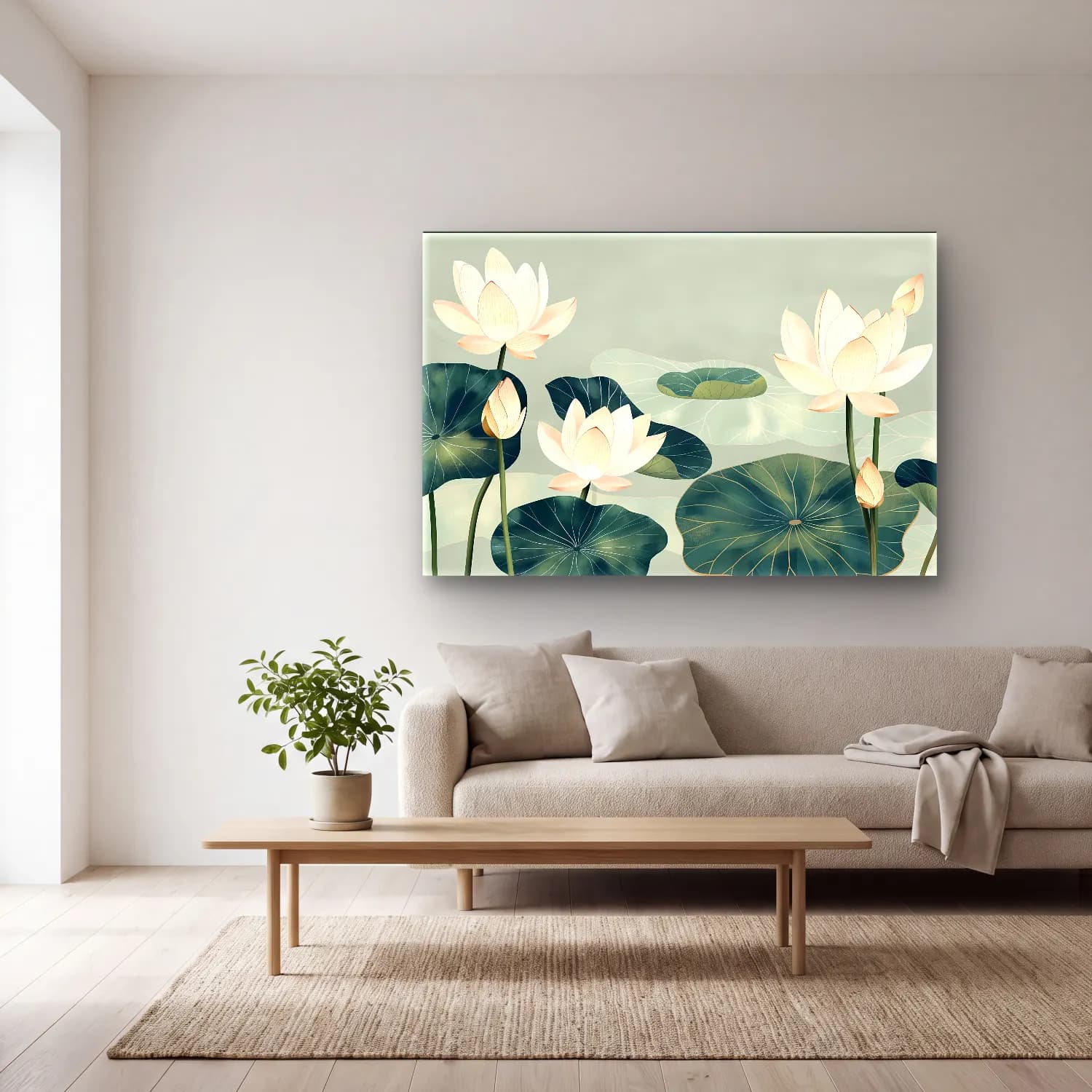 Pastel Lotus Çiçekleri – Turkuaz Tonlar cam tablo — açık renk salonda