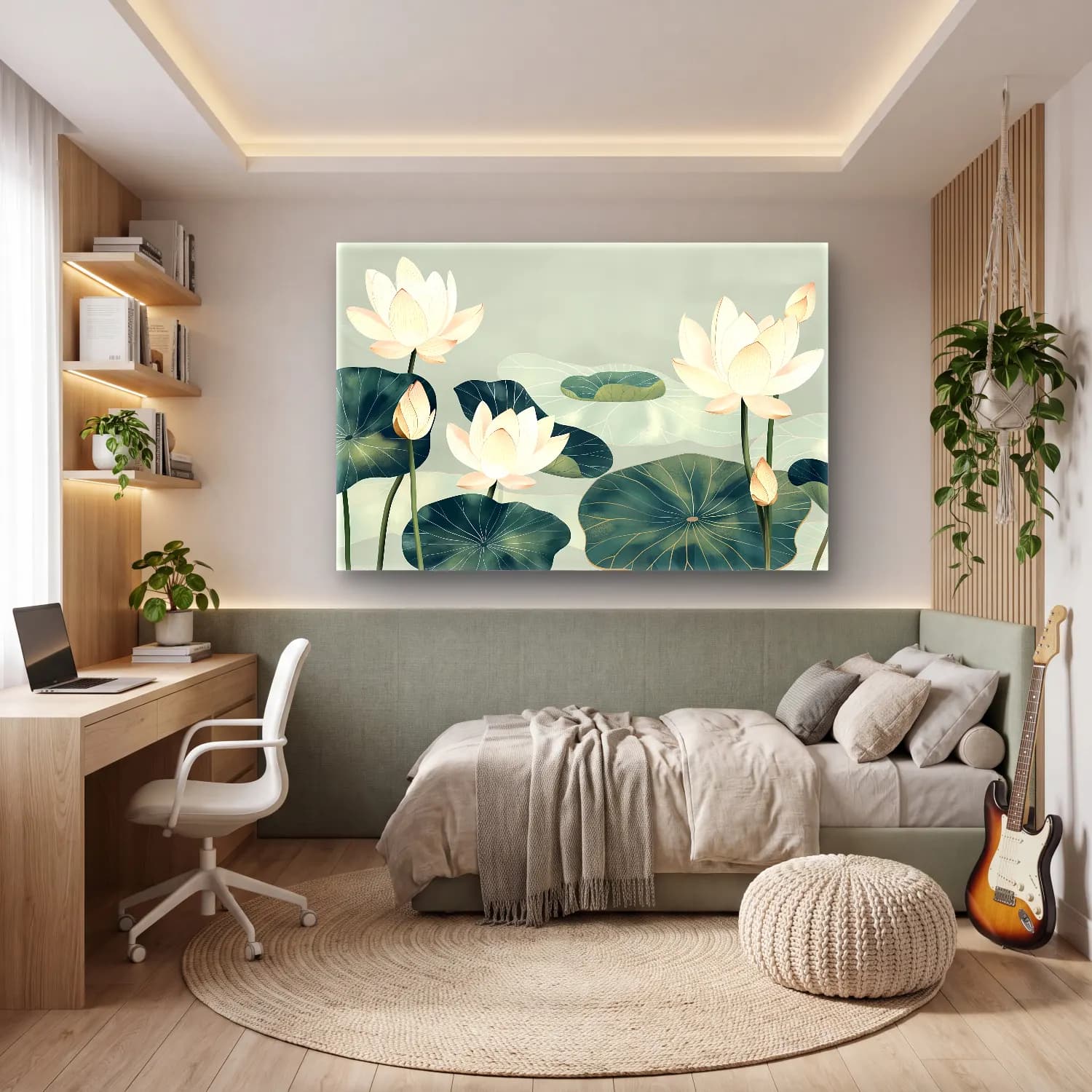 Pastel Lotus Çiçekleri – Turkuaz Tonlar cam tablo — genç odasında