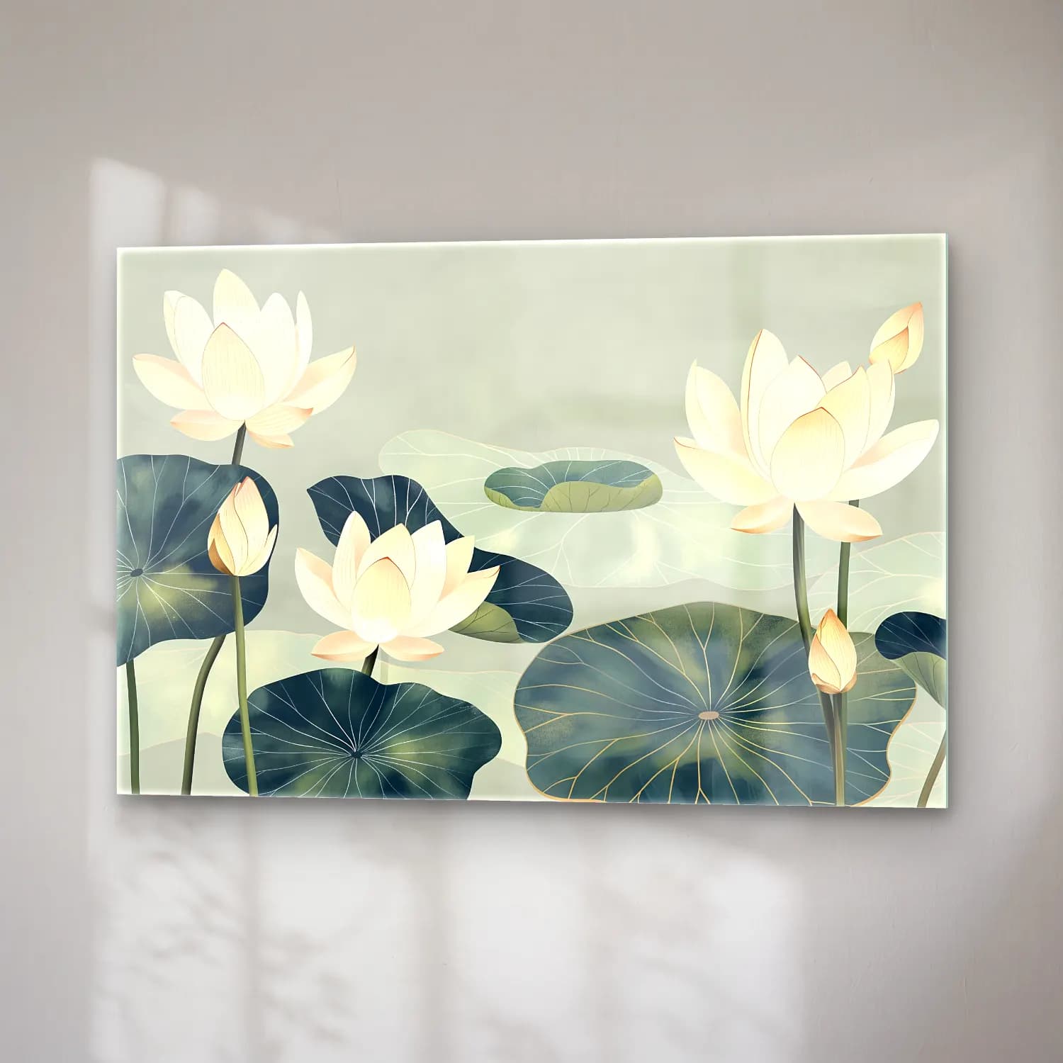 Pastel Lotus Çiçekleri – Turkuaz Tonlar cam tablo — sağ açıdan görünüm