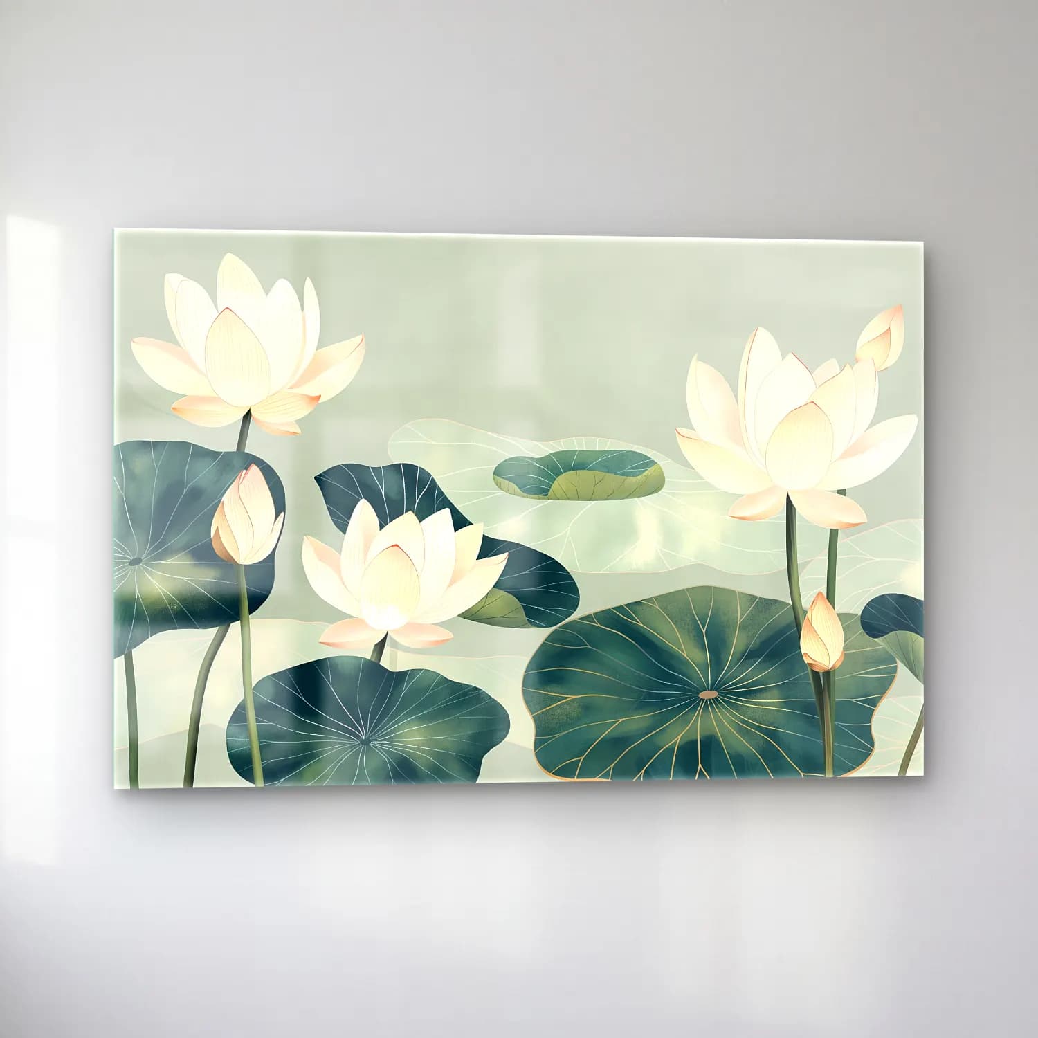Pastel Lotus Çiçekleri – Turkuaz Tonlar cam tablo — sol açıdan görünüm