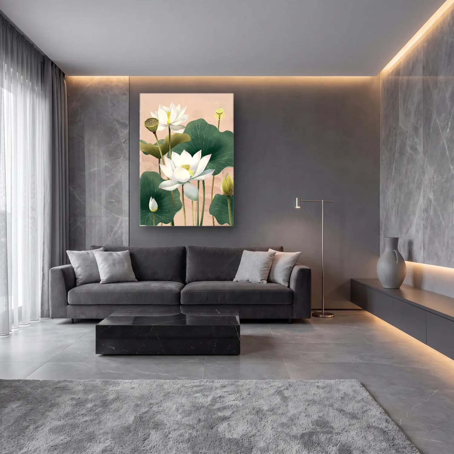 Pastel Lotus Çiçekleri – Pastel Tonlar cam tablo — lüks salon duvarında